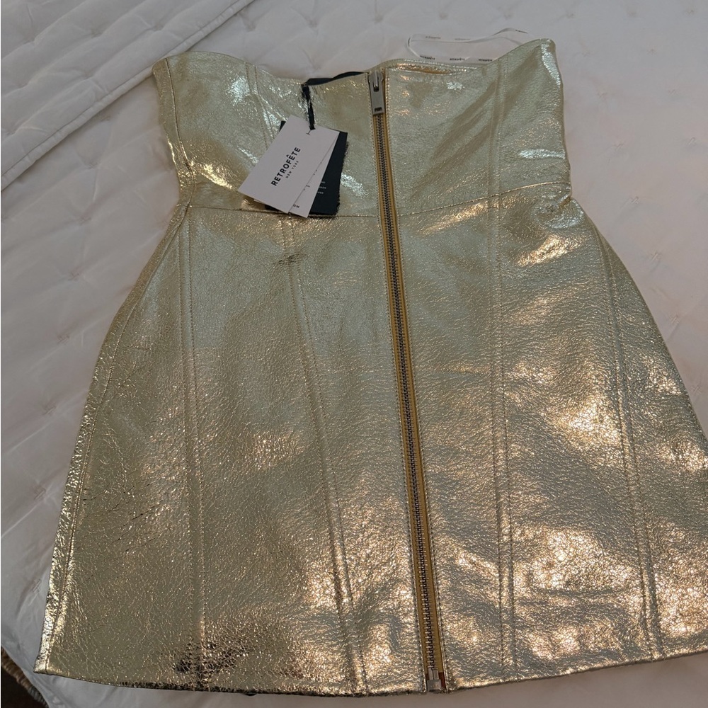 Retrofete Metallic Gold Strapless Mini Dress